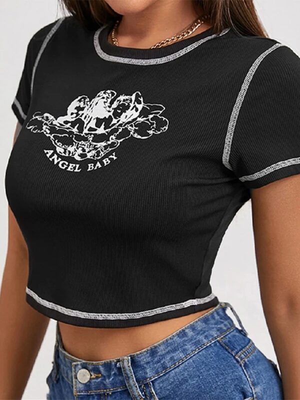 Slim Fit Crop Top Til Kvinder Med Angel Bogstavprint Og Korte ÆRmer - Image 2