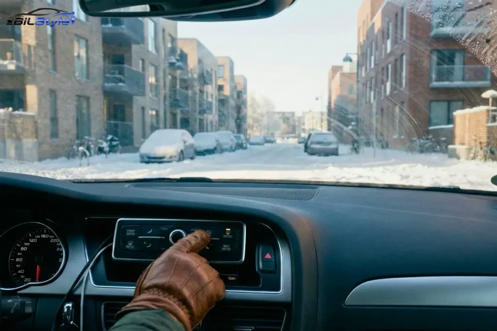 Mand bruger bilfjerner til at rense duggen forrude