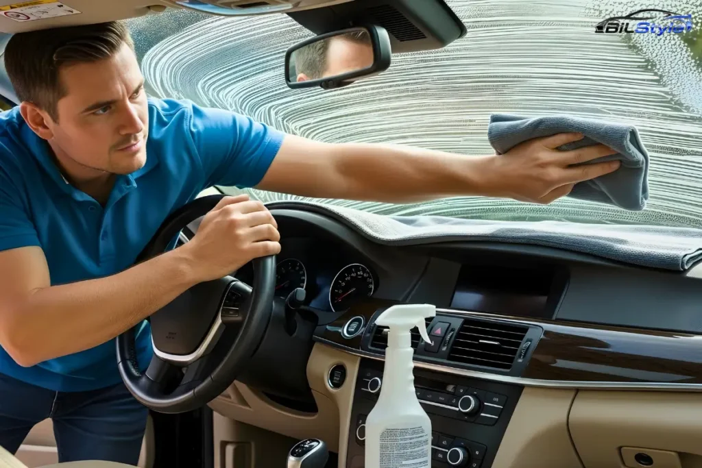 Mand tørrer forrude i lige linjer