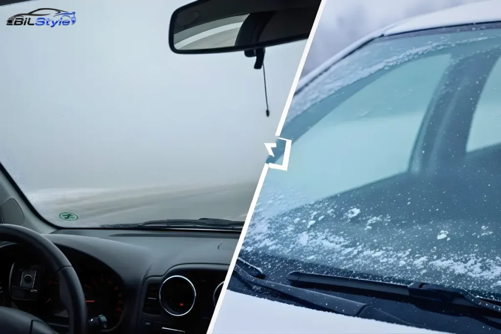 Sammenligning af dug indeni versus frost eller dug uden for forruden