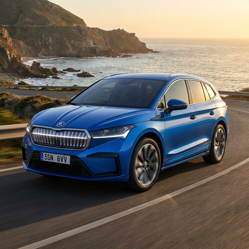 Blå Škoda Enyaq elektrisk SUV, der kører på en naturskøn kystvej ved solnedgang, og fremviser sin oplyste kølergrill og sit strømlinede, aerodynamiske design.