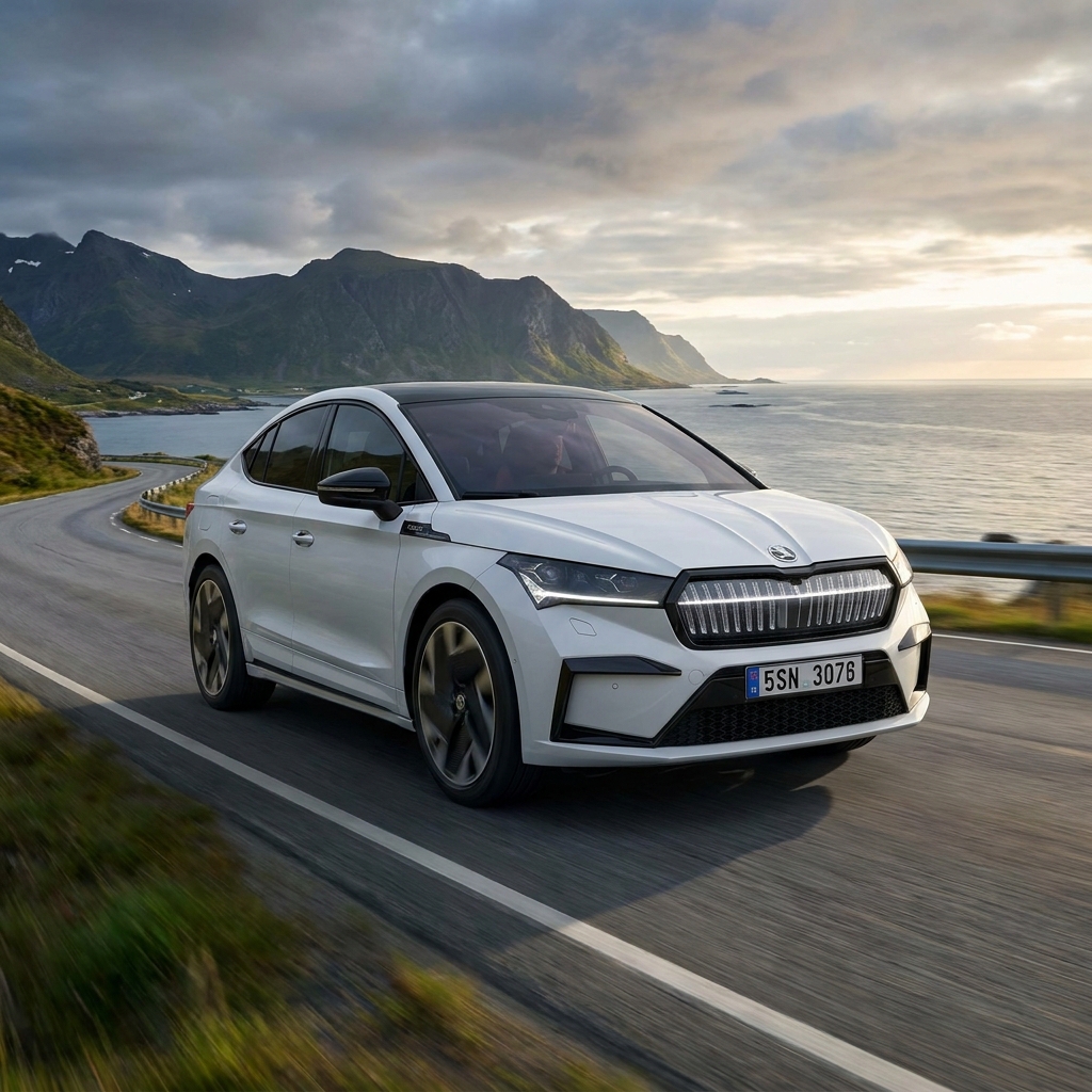 Hvid Škoda Enyaq Coupe el-SUV på en smuk kystvej, der fremhæver dens oplyste kølergrill og moderne, aerodynamiske design med bjerge og hav i baggrunden.